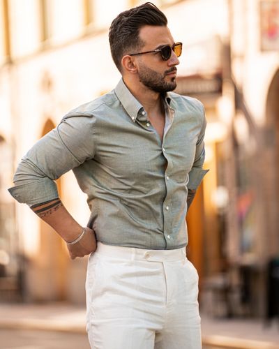 Faded Green Dress Shirt with White Wool Pants